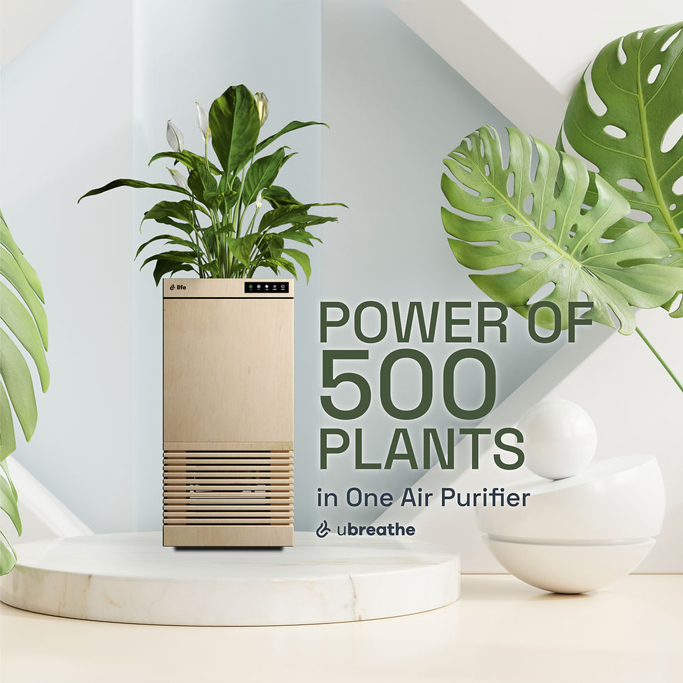 Air purifier with lush plants on top, beige design. Text: "POWER OF 500 PLANTS in One Air Purifier." Background: geometric shapes, green leaves. uBreathe Air Purifier best air purifier for home