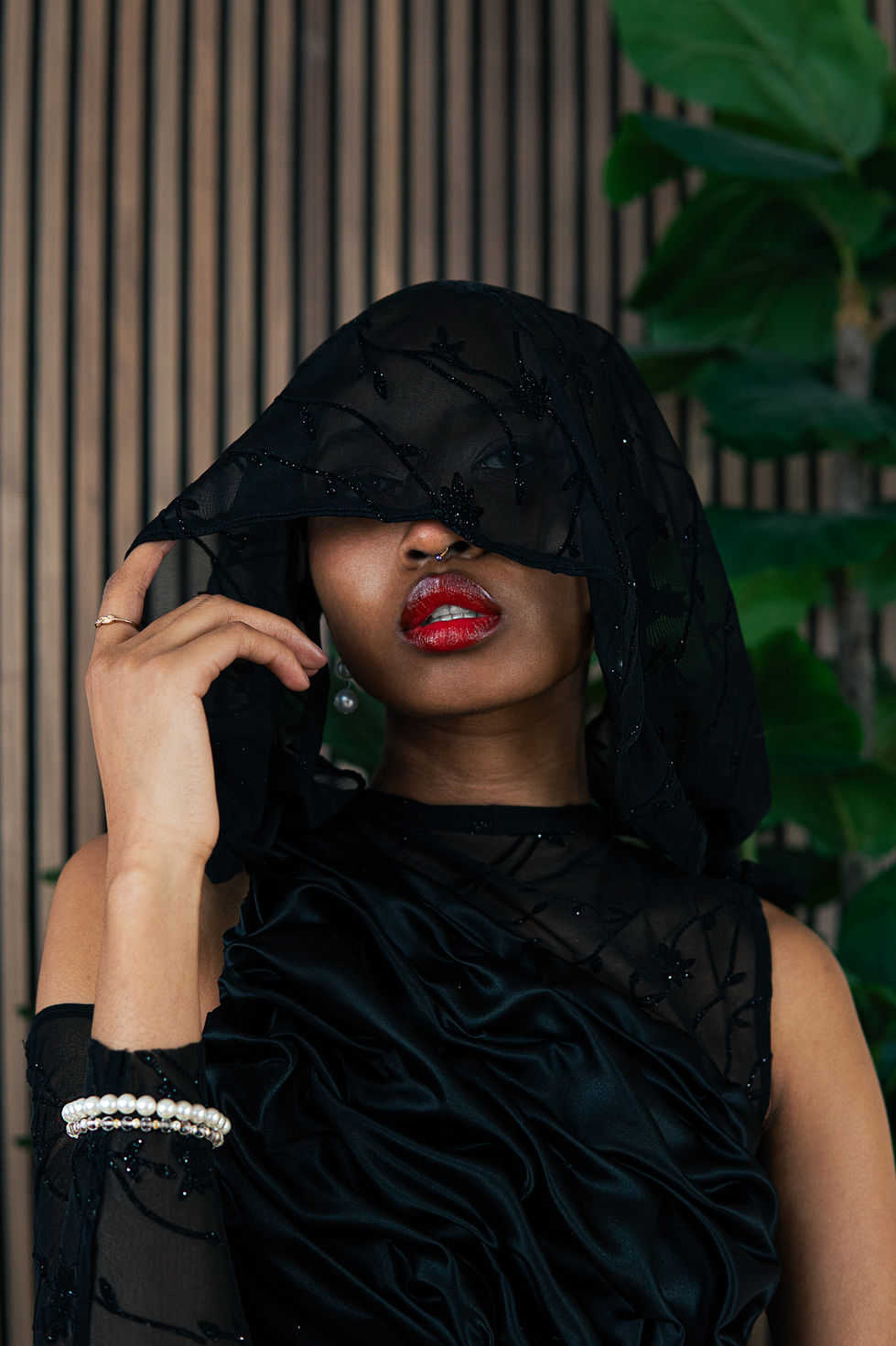 Person in black veil with red lipstick.