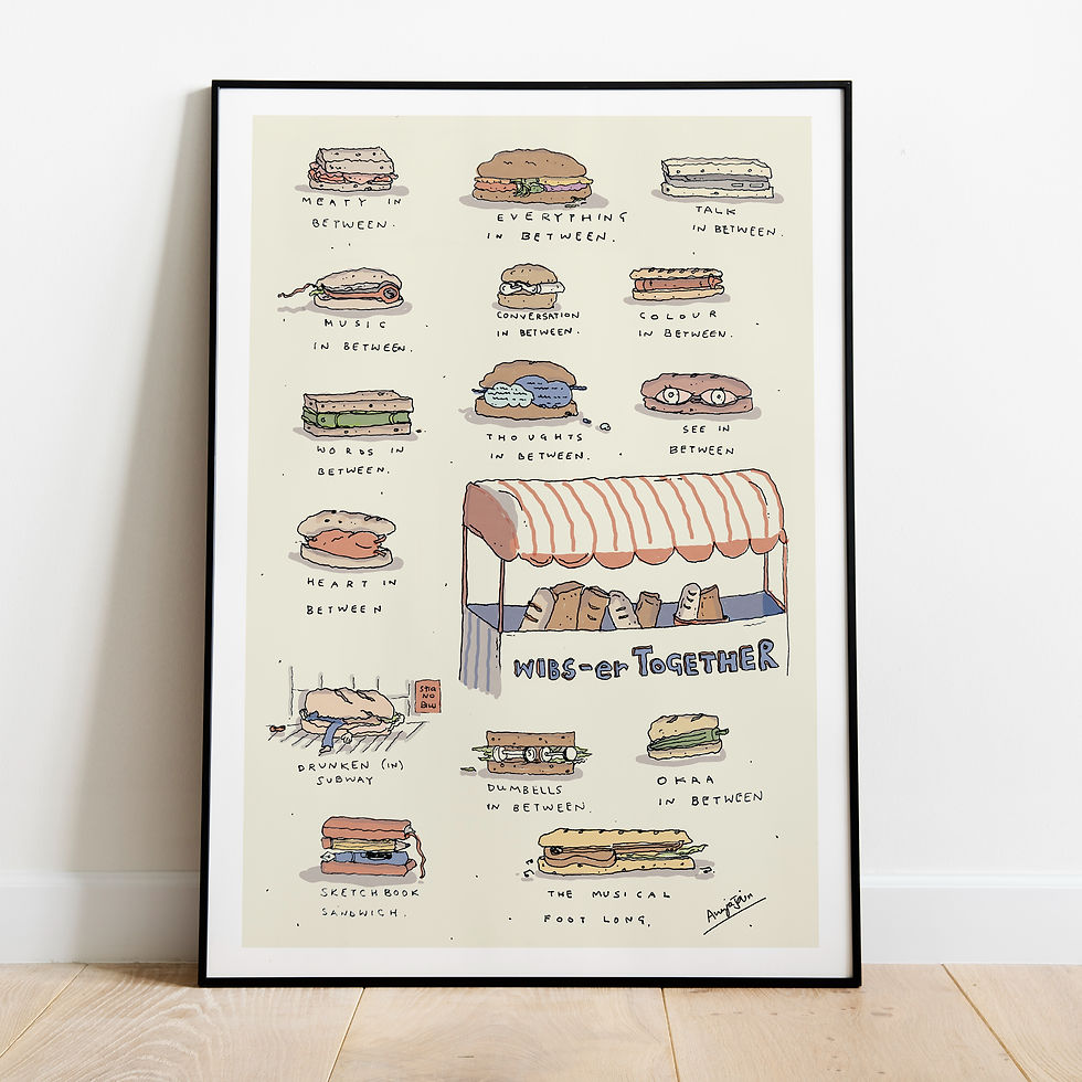 Thumbnail: A detailed illustration of a Wibs bread stall and a variety of surreal sandwiches. Each sandwich features unconventional fill