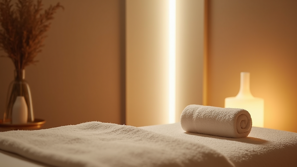 Close-up view of a tranquil massage room with soft lighting and calming decor