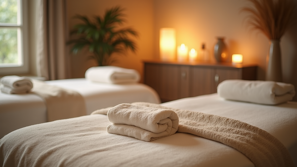 Close-up view of a tranquil massage room with soft lighting and calming decor