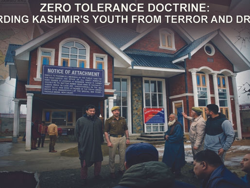 A dramatic collage-style poster featuring a sharply focused central subject from the uploaded image, illuminated against a layered Kashmir Valley backdrop with dark smoky textures on one side and soft blue light on the other, symbolizing the contrast between hidden threats like drugs and radicalisation and the protection and resilience of Kashmiri youth.