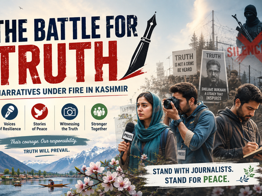 The Battle for Truth: Narratives Under Fire in Kashmir – A landscape poster depicting Kashmiri journalists, reporters, peaceful storytelling, media resilience, and the fight against terrorism, symbolizing the struggle to protect truth and freedom of expression in the digital age.