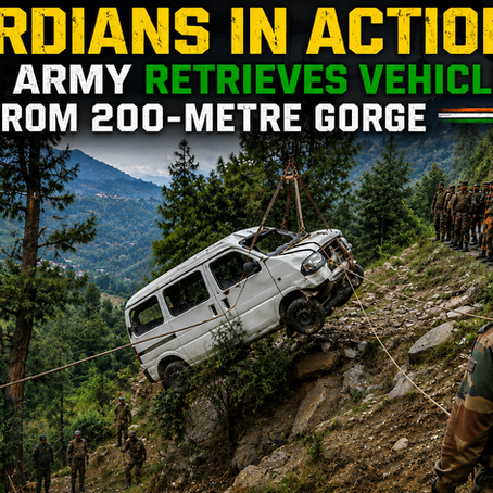 Indian Army personnel conduct a vehicle recovery operation in Baramulla Jammu and Kashmir using ropes and a crane to retrieve a damaged white van from a steep mountain gorge. Soldiers stand along the roadside coordinating the rescue while lush green hills and pine-covered slopes form the backdrop highlighting the Army's swift humanitarian response in challenging terrain.