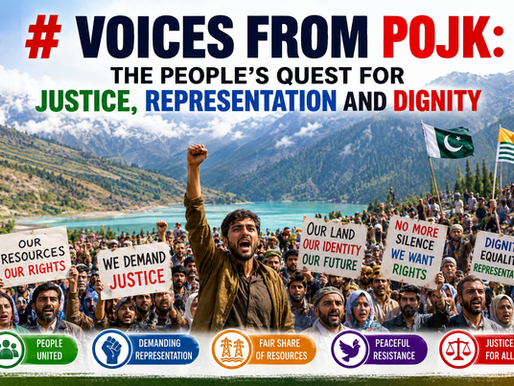 A high-impact editorial-style poster depicting a large public gathering in Pakistan-occupied Jammu and Kashmir (PoJK), with demonstrators holding placards demanding justice, equal representation, fair resource distribution, and dignity. A central protester raises his fist while snow-covered mountains and a lake form the backdrop. The poster headline reads "Voices from PoJK: The People's Quest for Justice, Representation and Dignity," accompanied by icons symbolising unity, representation, peaceful resistance, resource sharing, and justice.