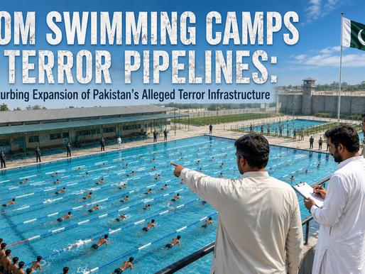 Editorial-style illustration depicting a large swimming training camp with numerous young swimmers in the pool while observers monitor the session from an elevated platform. The scene symbolizes reports alleging the misuse of sports programmes for extremist recruitment in Pakistan.