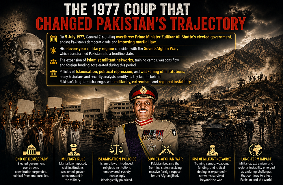 **Alt Text:** **"Editorial illustration depicting the 5 July 1977 military coup in Pakistan, symbolising the overthrow of Prime Minister Zulfikar Ali Bhutto by General Muhammad Zia-ul-Haq, the imposition of martial law, the rise of military rule, and the long-term impact on democracy, Islamisation, regional militancy, and South Asian security."**