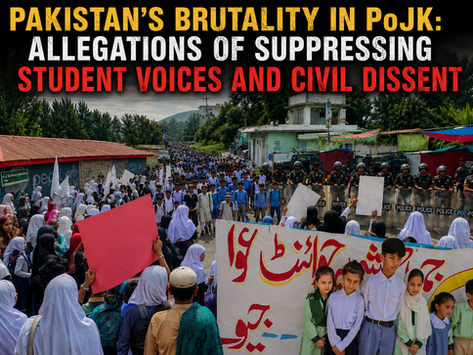 An editorial-style image depicting schoolchildren, parents and civilians participating in a peaceful protest in Pakistan-occupied Jammu and Kashmir (PoJK), facing a line of security personnel, symbolizing allegations of restrictions on student participation and suppression of civil dissent.
