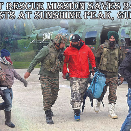 Indian Army personnel and rescue teams evacuating stranded tourists at Sunshine Peak in Gulmarg after a civil helicopter developed a technical snag during a joint rescue operation involving Chinar Warriors, Baramulla Administration, Gulmarg Development Authority, and Jammu & Kashmir Police.