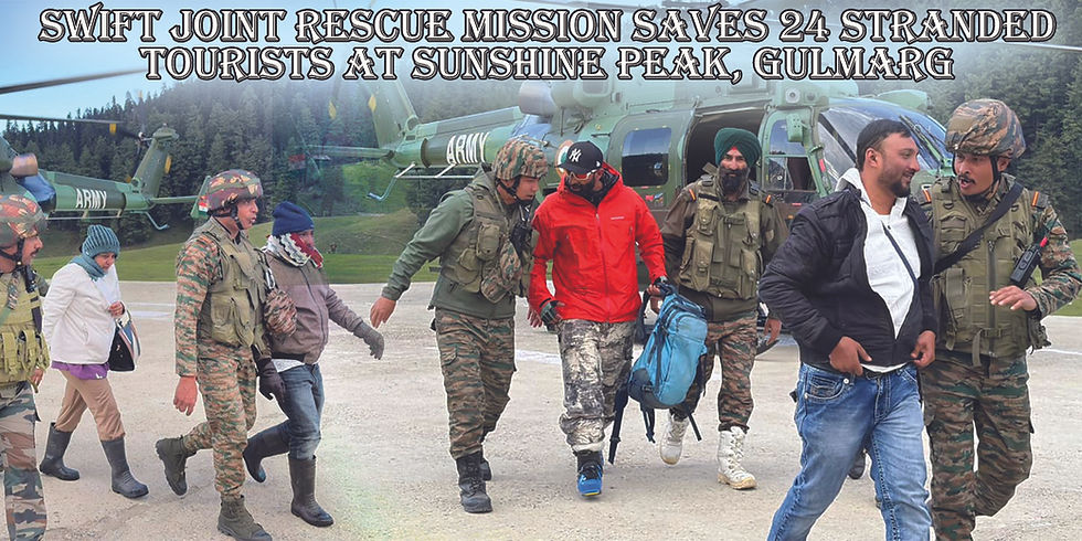 Indian Army personnel and rescue teams evacuating stranded tourists at Sunshine Peak in Gulmarg after a civil helicopter developed a technical snag during a joint rescue operation involving Chinar Warriors, Baramulla Administration, Gulmarg Development Authority, and Jammu & Kashmir Police.