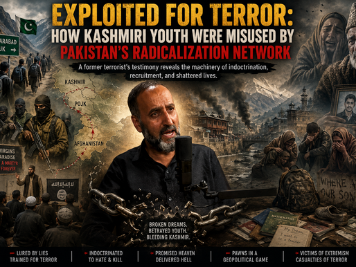 **Alt Text:**  Documentary-style poster featuring former Kashmiri terrorist Mushtaq Ahmad Bhat speaking into a podcast microphone at the center. The image depicts the alleged radicalization and exploitation of Kashmiri youth through terrorist networks, with scenes of recruitment, training camps, extremist propaganda, and routes linking Kashmir, POJK, and Afghanistan on one side. The other side shows the human cost of terrorism, including grieving families, abandoned schoolbooks, and devastated communities in Kashmir. Broken chains symbolize freedom from radicalization, while the headline reads, “Exploited for Terror: How Kashmiri Youth Were Misused by Pakistan’s Radicalization Network.” The overall tone is investigative, dramatic, and focused on the consequences of extremism and terrorism.
