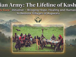 Indian Army personnel conducting a medical camp under the “We Care” initiative in remote Kupwara villages, assisting elderly residents and local families in Narikut and Ladda, providing healthcare support amid mountainous Kashmir terrain, with soldiers interacting compassionately with villagers and delivering essential medical services in a border region.