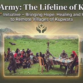 Indian Army personnel conducting a medical camp under the “We Care” initiative in remote Kupwara villages, assisting elderly residents and local families in Narikut and Ladda, providing healthcare support amid mountainous Kashmir terrain, with soldiers interacting compassionately with villagers and delivering essential medical services in a border region.