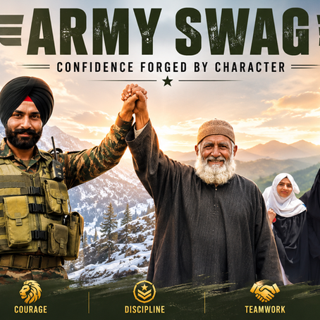 Indian Army personnel displaying professionalism, confidence, and unity during military service. The image symbolizes discipline, resilience, leadership, and the true meaning of Army Swag.