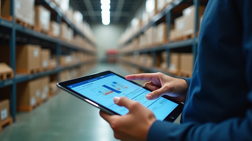 Close-up view of a person analyzing supply chain data on a tablet
