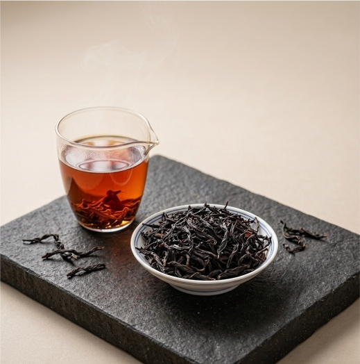 Mörkrostat Da Hong Pao oolong med djupa aromer och glansiga blad