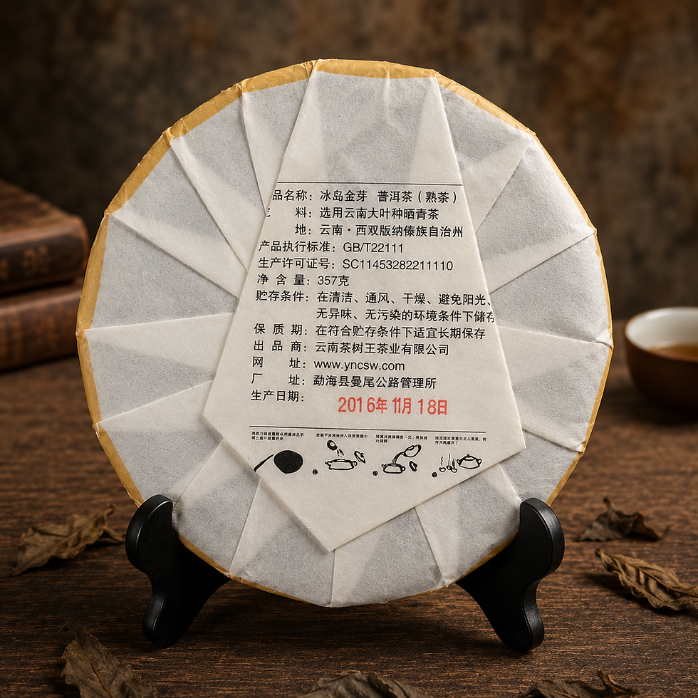 Back side of 2016 Bingdao Pu-erh Golden Buds tea cake with production date and storage information