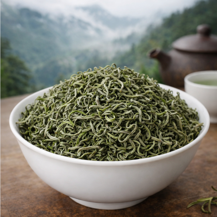 Lushan Yunwu grönt te – handrullade blad med klar grön färg och frisk arom från Kinas högberg.