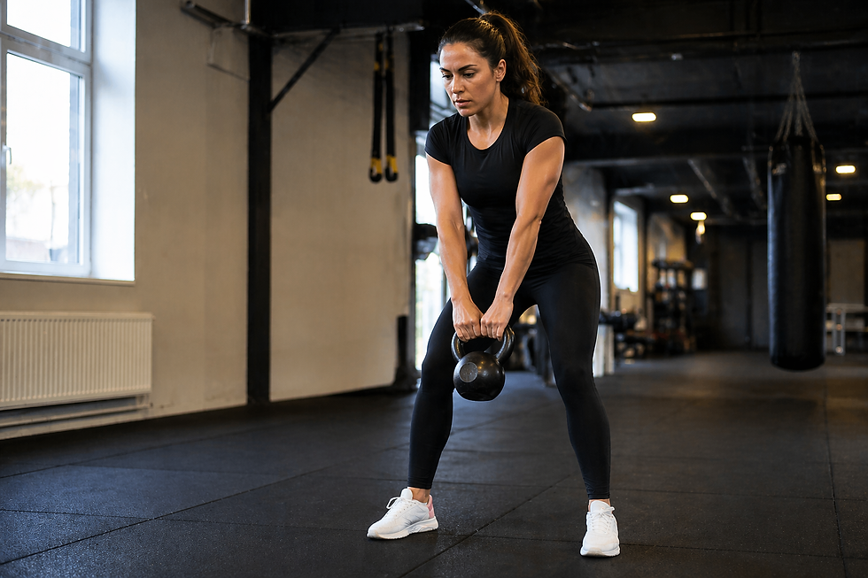 Kvinna som tränar med kettlebell på JW Training Center i Nynäshamn