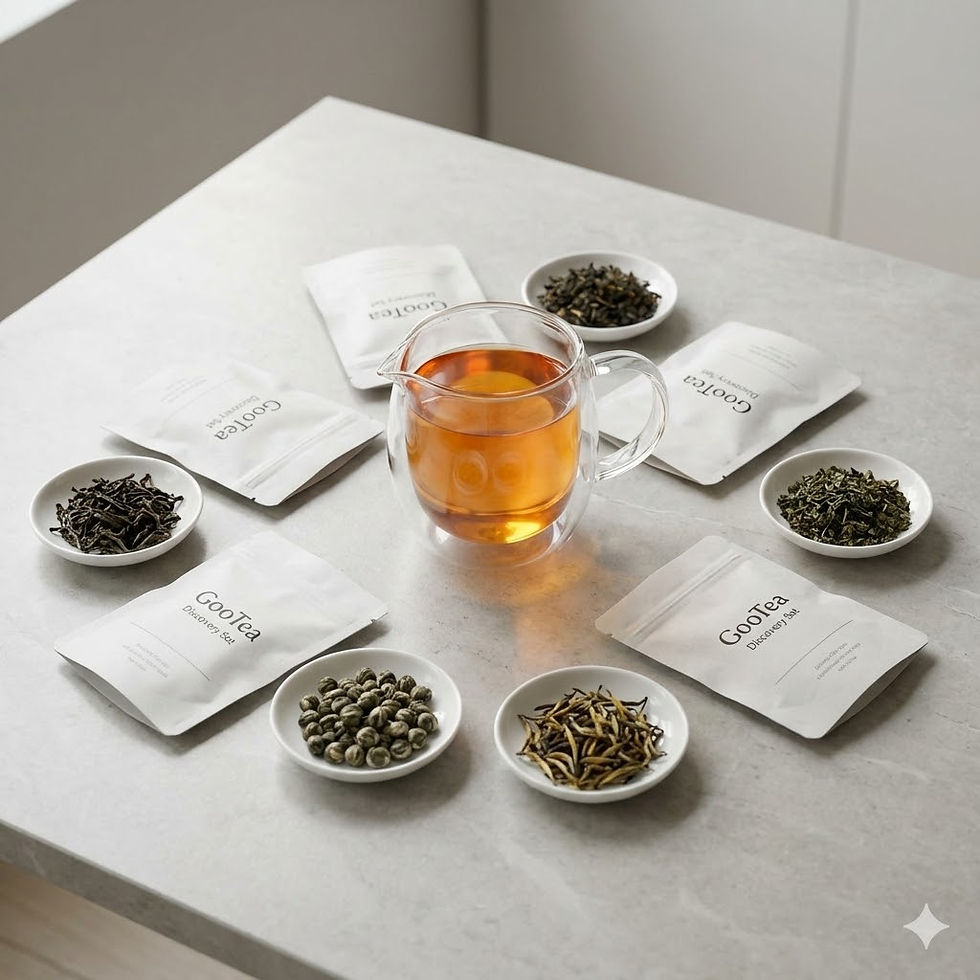 ooTea Discovery Set med 6 sorters kinesiskt te - Lapsang Souchong, Da Hong Pao, Pu-erh.