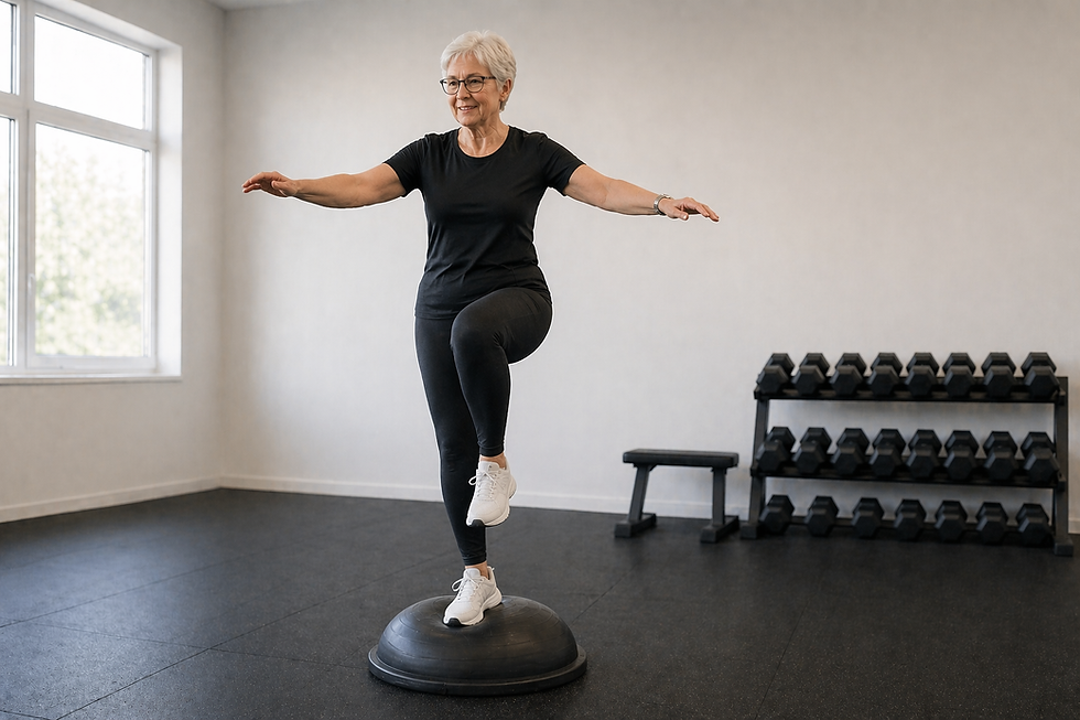 Äldre kvinna som tränar balans på JW Training Center i Nynäshamn