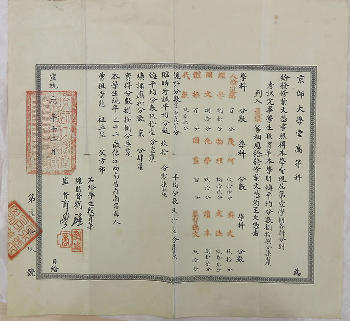 2. 寄2023-1737 宣統元年段育華京師大學堂高等科修業文憑成績.(整飭中)jpg.jpg