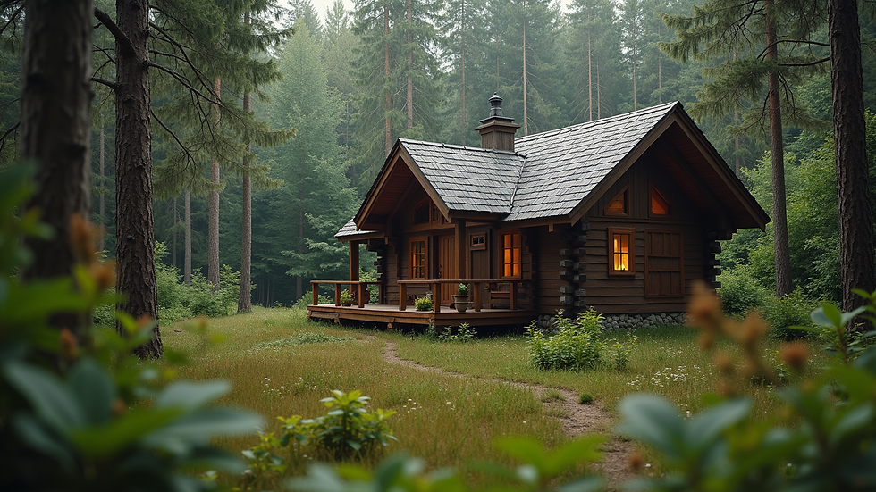 Close-up view of a rustic eco-lodge nestled in a forest
