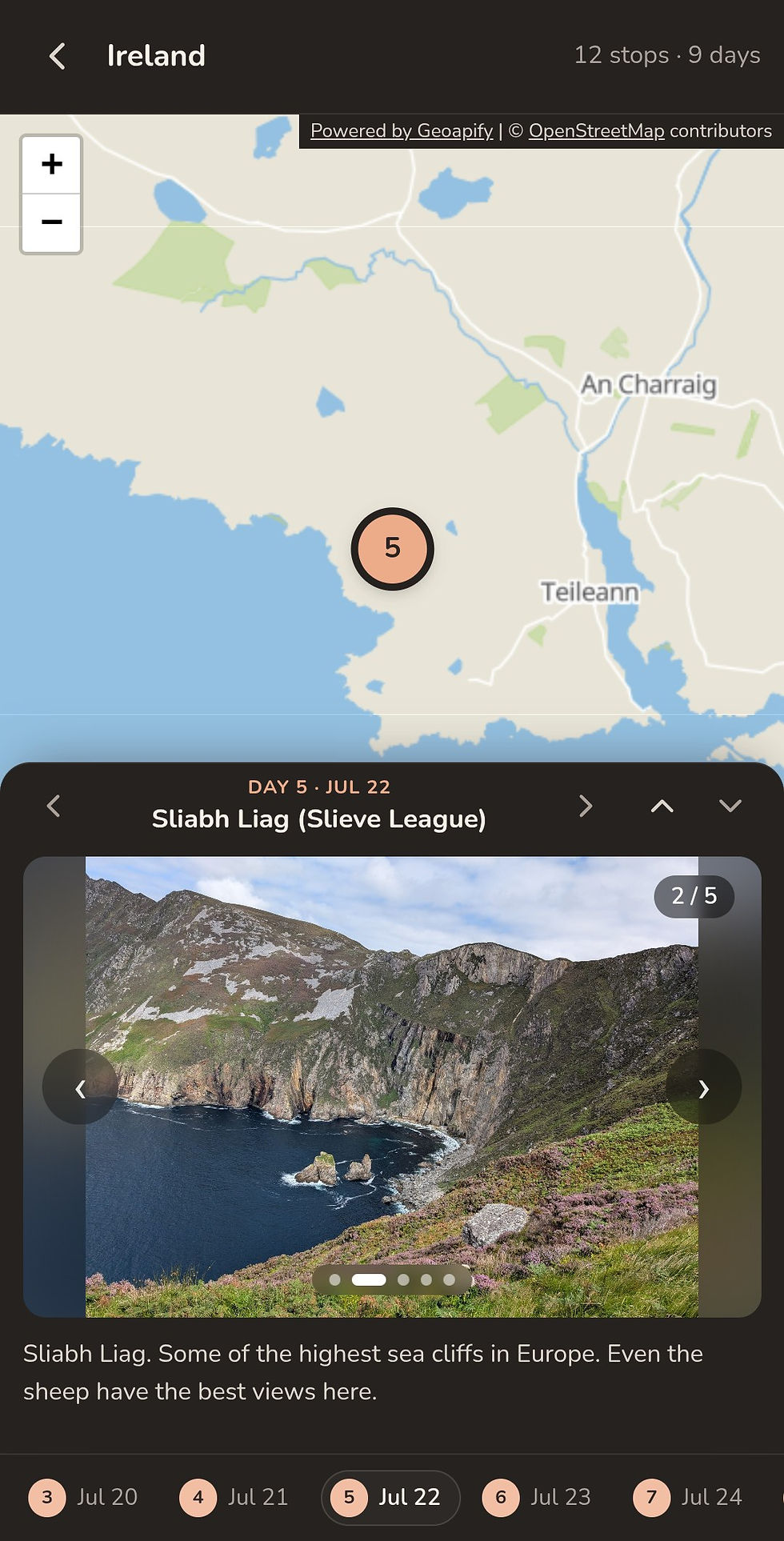 Itinrary app showing a stop at Slieve League in Ireland with a photo and caption pinned to the map.