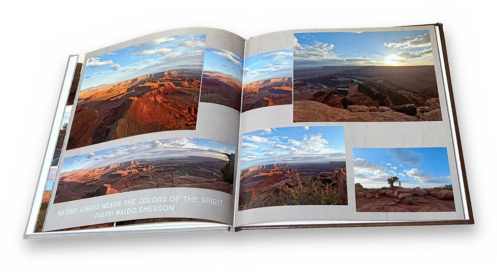 Family photo book open to a spread of canyon overlook photos.