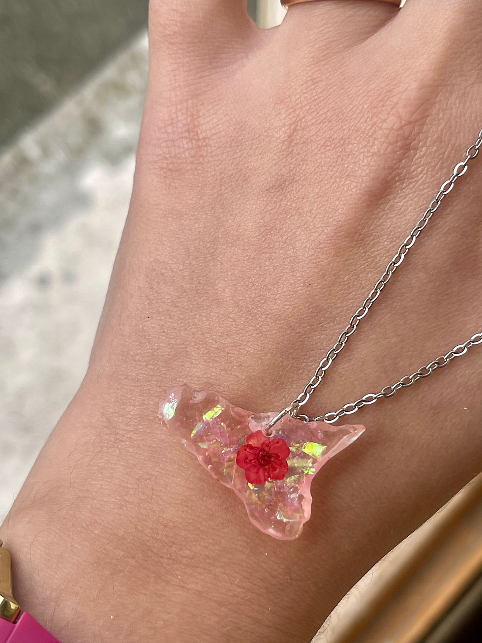 Miniatura: Collana Sicilia in resina con fiorellini veri – Acciaio inossidabile ✨🌸