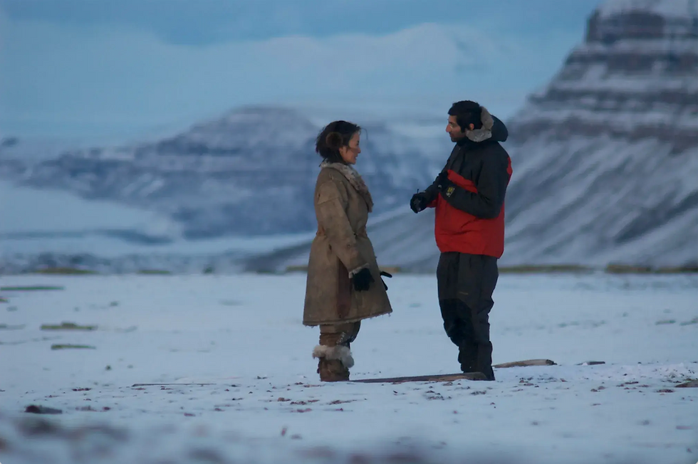 Asif Kapadia directing Michelle Yeoh on the snowy Arctic set of Far North