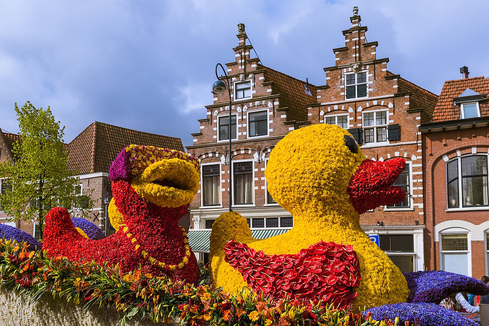 Statue made of tulips on flowers parade in Haarlem, Netherlands