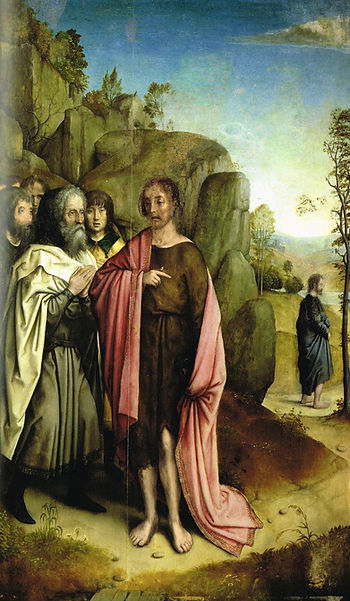 Opera del pittore Juan de Flandes che raffigura la predicazioene di san Giovanni Battista
