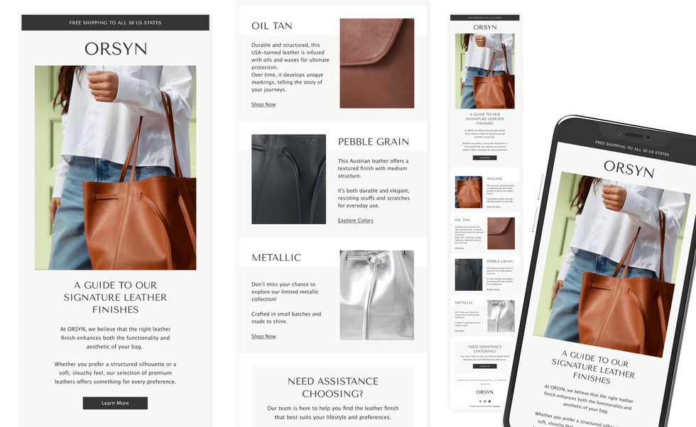 Email campaign design for ORSYN, a premium leather goods brand