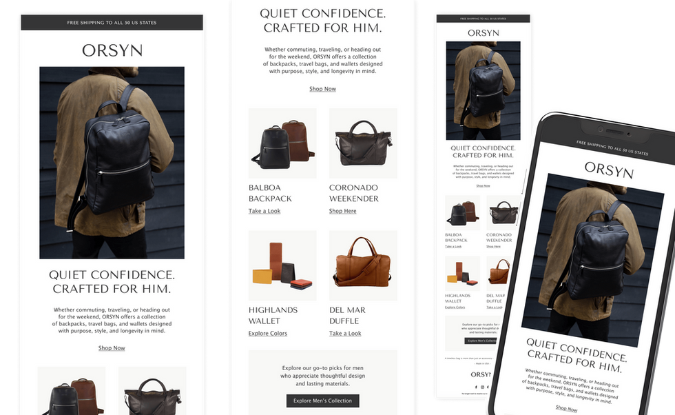 Email campaign design for ORSYN, a premium leather goods brand