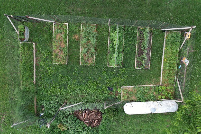 An overhead aerial photo of a small fenced in garden of raised beds.