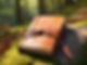 A photorealistic close-up of a worn leather-bound journal with a tied closure resting ope