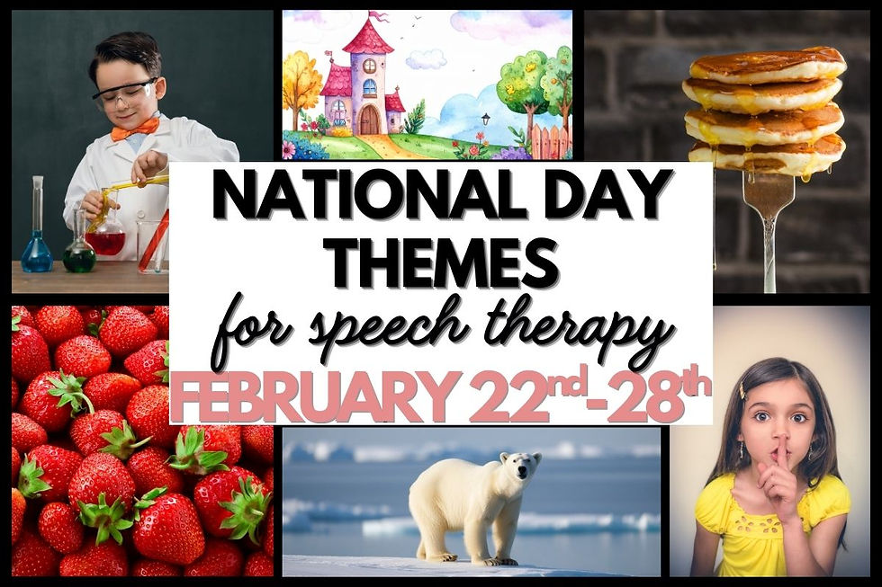 blog cover image of national day themes for speech therapy during the fourth week of February and beyond with images that represent the themes