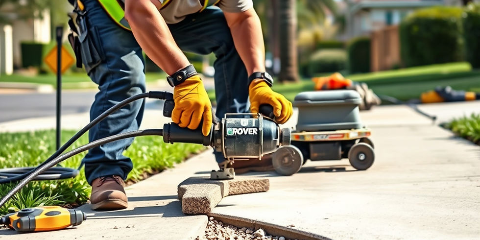 Sidewalk repair worker grinding uneven concrete to eliminate trip hazard, tools nearby, sm