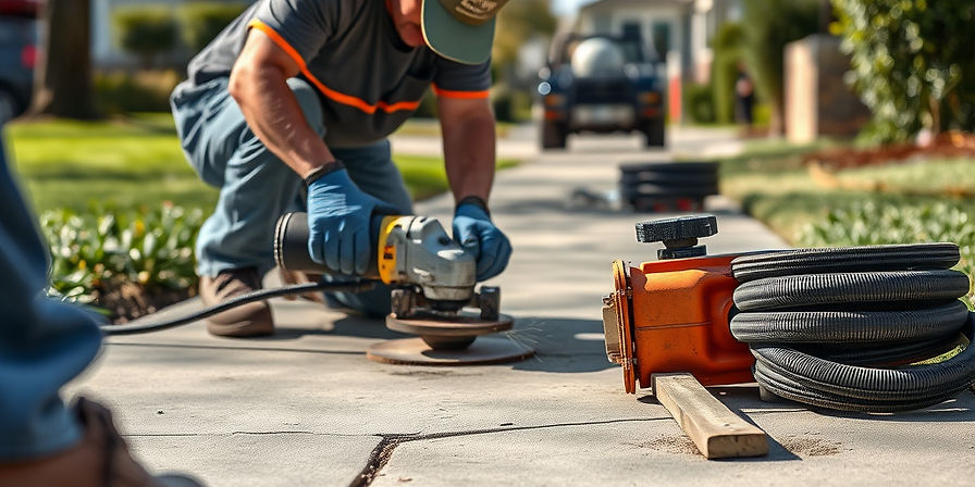 Sidewalk repair worker grinding uneven concrete to eliminate trip hazard, tools nearby, sm