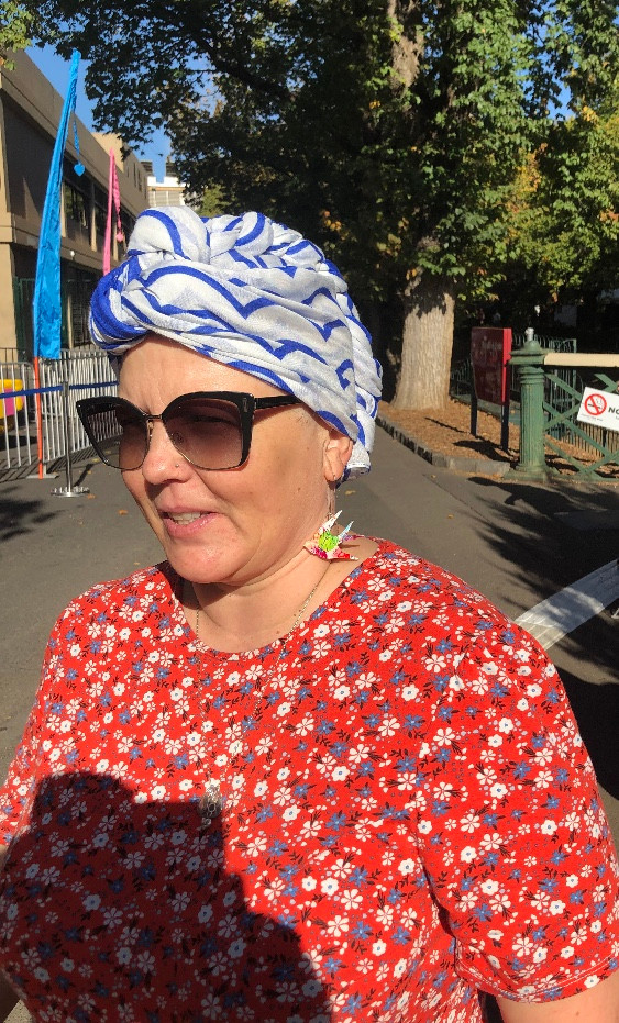 Sarah Poyser in her Bravery co scarf