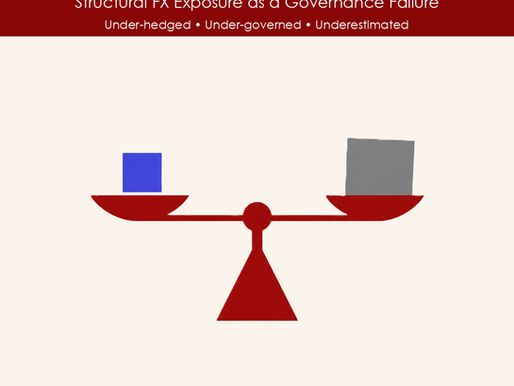 Slide with red header reading The Currency Risk You Are Not Managing, showing a red balance scale with blue and gray blocks.