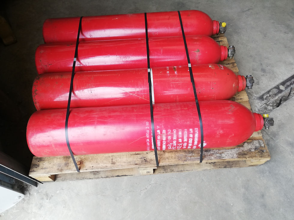 SPARE SET OF FIRE COMPRESSION BOTTLES AWAITING COLLECTION FOR TESTING. Mike Hallam-Rudd