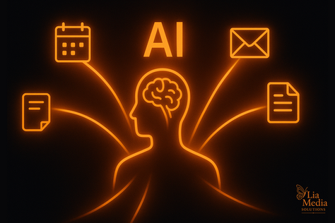 Glowing light beams or energy lines extending from an enhanced human connecting to simplified icons representing administrative tasks (e.g., a calendar, an email envelope, a document, a spreadsheet)