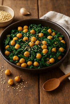 Garbanzos salteados con espinaca y ajonjolí