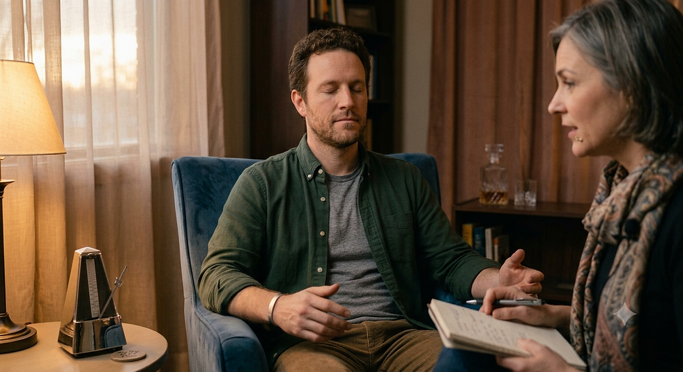 A medium shot of a man with curly hair and a green shirt sitting in a blue velvet armchair with his eyes closed, seemingly in a relaxed or hypnotic state. A metronome is on a side table to his left, next to a lamp and a window with sheer curtains. A woman with short grey hair, wearing a patterned scarf, sits to his right, looking at him while writing in a notebook.