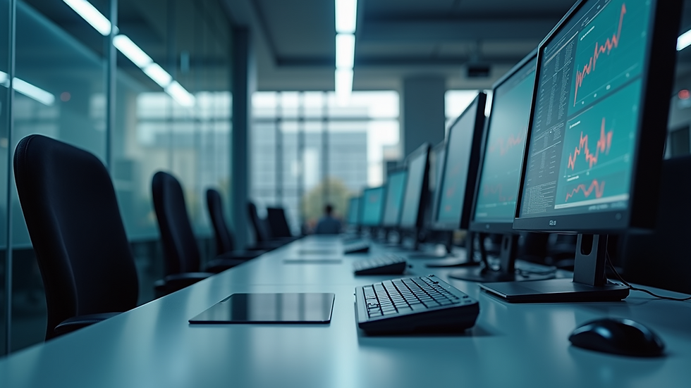 Eye-level view of a modern office workspace with multiple computer screens showing business data