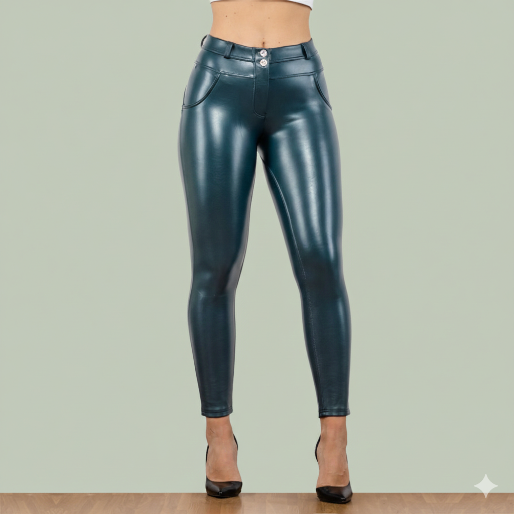 LATECAVA Blue Mid-Waist Sculpting Liquid Leather Pencil Pants