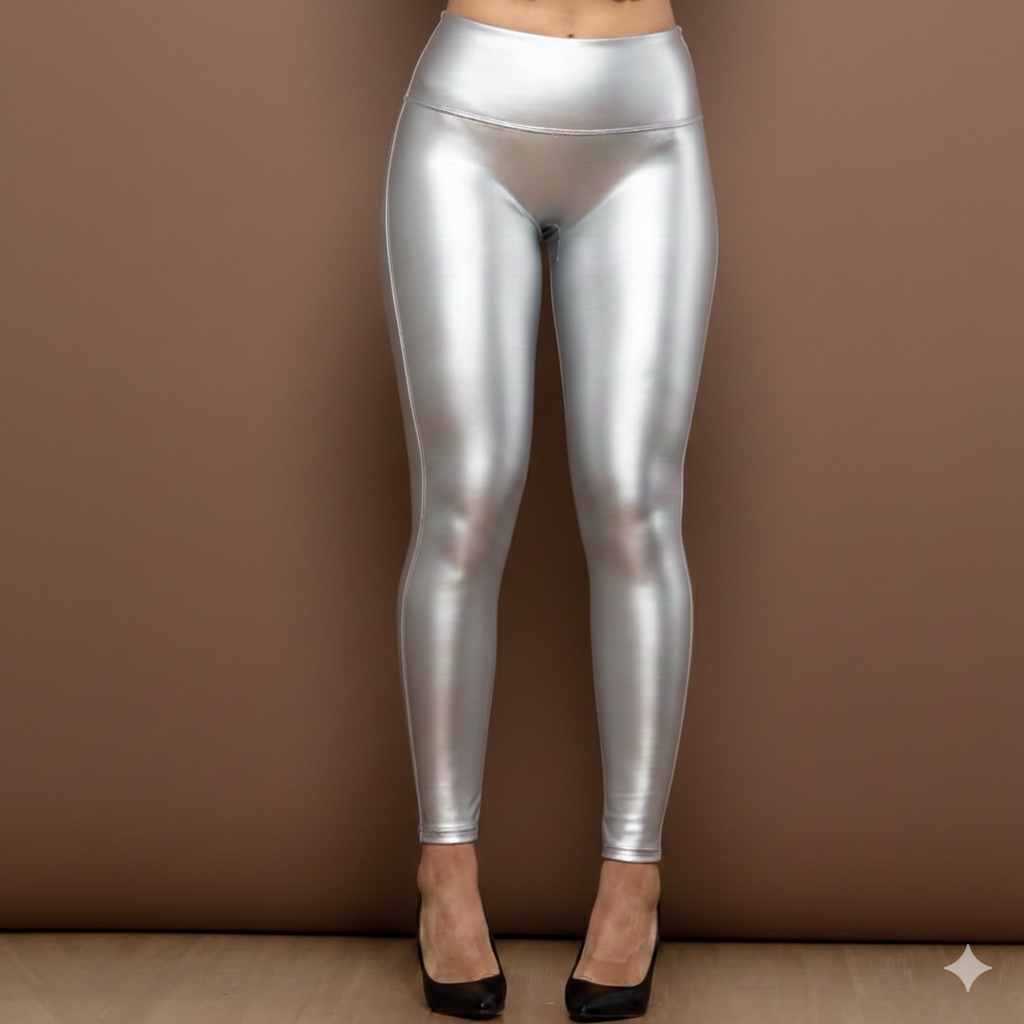 LATECAVA Silver High-Waist Booty-Lifting Vegan Leather Leggings