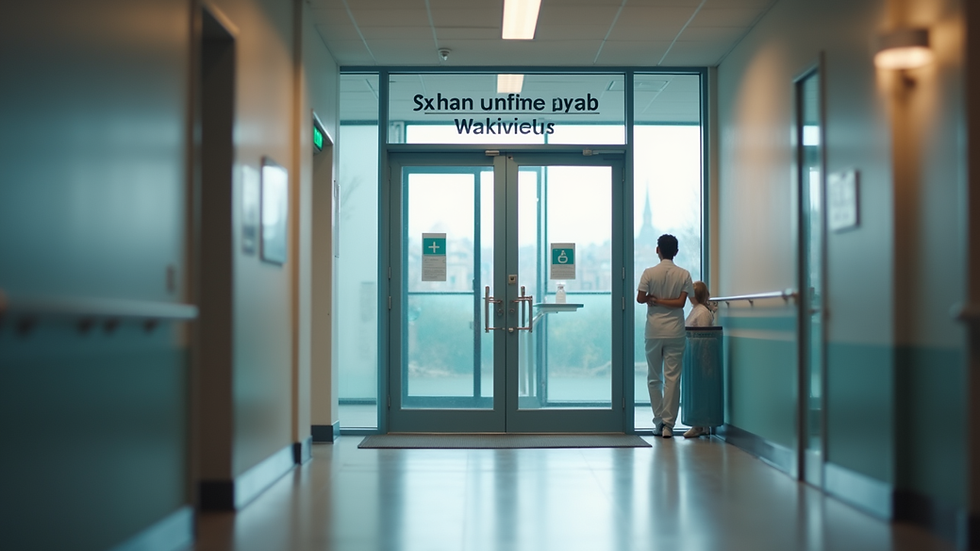 Eye-level view of a modern walk-in clinic entrance with clear signage